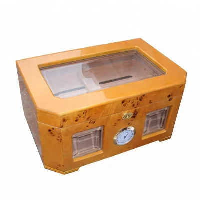 Morden Luxury Design Cedar Wood Humidor Cigar Storage Box with Burl Glass Showcase Lacquer Technique