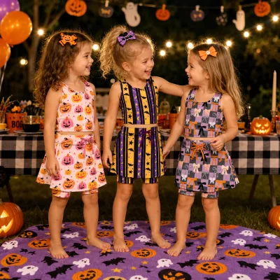 Wholesale Kids Clothing Halloween Outfit Crew Neck Sleeveless Skort Cute Performance Costumes Girls Clothes Sets