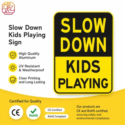 Reflective Aluminum Traffic Sign Board Third Grade Reflective Film 'Slow Kids Playing' Black Yellow Residential Safety Sign for