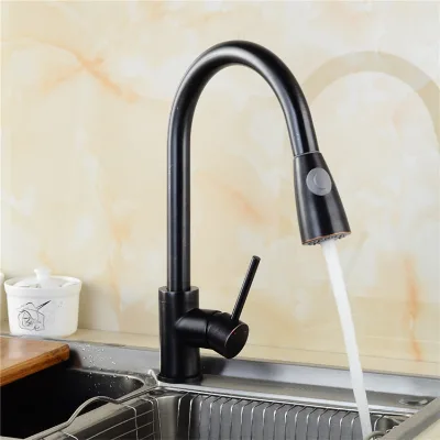 Modern Single Handle Single Hole Stainless Steel Kitchen Faucet Pull-Down Sprayer Flexible Deck Mounted Sink Mixer Tap Hotels