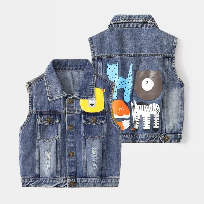 2023 Boys' Casual Denim Vest with Cartoon Print Wholesale Street Trend Children's Fashion Outerwear for Young Boys