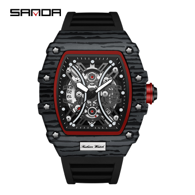 SANDA 7044 Quartz Watches Fashion Red Silicone Strap Tonneau Cutout Dial Design Luminous 2023 New Men Watch Relogio Masculino