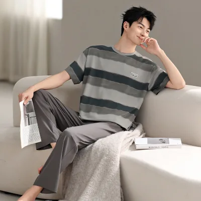 Breathable 100% Cotton Knitted Casual Printed Men Pajamas Short Sleeves and Pants for Summer Spring Autumn