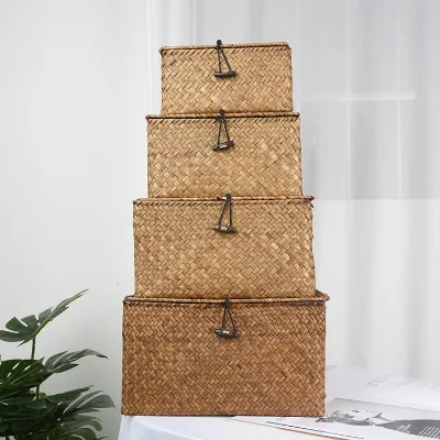 Hot Sale Handwoven Seagrass Gift Box Rattan Storage Basket Rectangular Woven Shelf Baskets for Organize