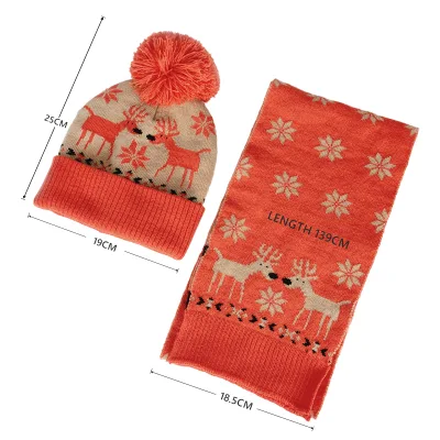 Fashion Cute Christmas Jacruqrad Reindeer Pattern Pompom Beanie Hats and Warm Winter Scarf 2Pieces Apparel Accessories
