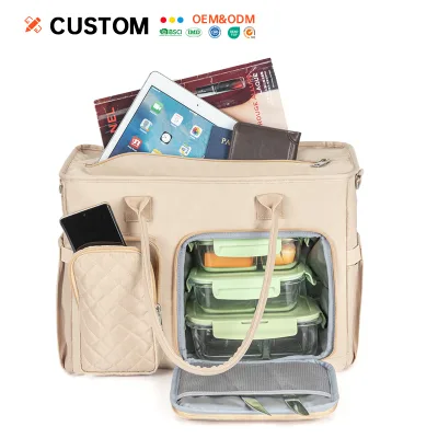 OEM Custom Logo Insulated Commute Work Bag for Women Nylon Luggage Strap Quilted Food Meal Prep Travel Tote
