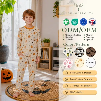 Kids Boys Organic Cotton Long Sleeve 2 Piece Sleepwear Set Pumpkin Ghost Print Family Photo Outfit Soft Sustainable Custom Logo