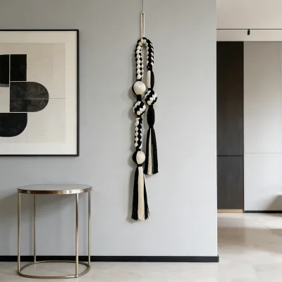 Factory Direct Monochrome Handwoven Braided Macrame Wall Hanging Black and White Textile Wall Sculpture for Minimalist Entryways