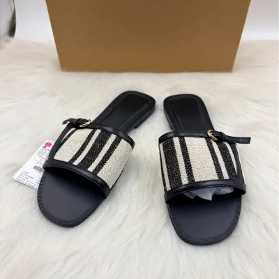 Trendy Women Slide Sandals Woven Striped Fabric PU Trim Square Toe Comfort Flat Slippers for Holiday Indoor Outdoor Wear