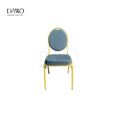 Bulk Stackable Golden Coated Metal Wedding Chair Neutral Grey Fabric Oval Back Reception Side Chair