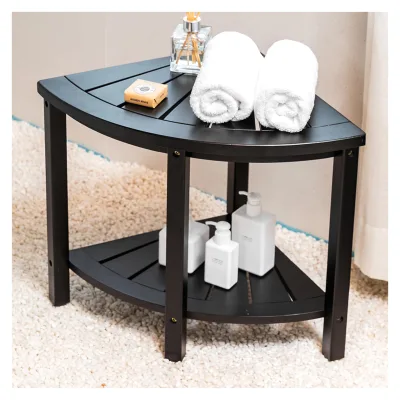 Bamboo Corner Shower Stool Bench Waterproof Storage Shelf in Bathroom Waterproof Shower Bench Chair Bamboo Wood Shower Table