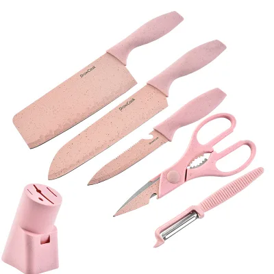 DD1648 Environmental Wheat Straw 6 Pieces Chef Knife Set with Knives Sheath Scissor Sharp Kitchen Knife Set with Block