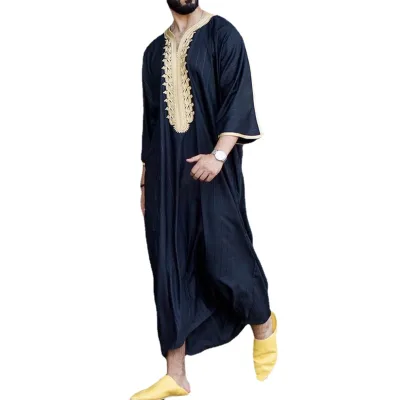 Wholesale Men's Clothing Arab Robes Middle Eastern Printed Loose V-neck Short Sleeved Robes