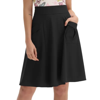BP Women Vintage Retro Solid Color High Waist Flared A-Line Skirt With Pockets BP000799
