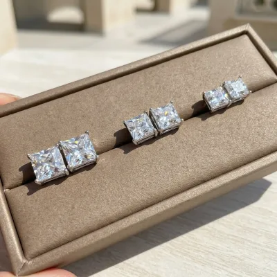 Minimalist Style 3sizes Ear Accessories 925 Silver Jewelry Unisex Big Princess Cut square Diamond 7*7mm Moissanite Stud Earrings