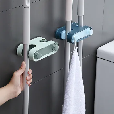 Self Adhesive Wall Mounted Broom Gripper Hold Bathroom Double-buckle Mop Storage Holders Moisture Resistance Mop Holder
