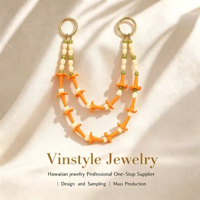 Trendy Hawaii Two Layer Bag Leis Resin Pikake Flower Match Green Crystal Bead Gold Plated Clasp Bag Chains Wholesale