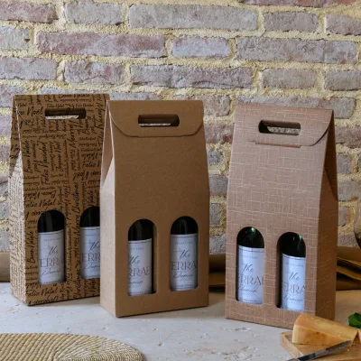 Rigid Portable Custom Design Printed Kraft Paper Wine Gift Box for 1/2/3 Bottle Champagne Bottle with Die-cutting Handles