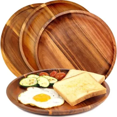 Wooden plates Dinner Plates, Acacia Round Wood Plates, Unbreakable Classic Plates