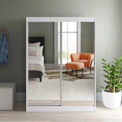 Personalized Sliding Door 2-Door Wooden Contemporary Armoire with Mirror Door Large Storage Space for Living Room & Villa
