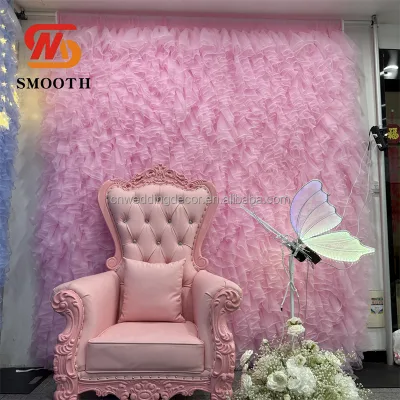 SMOOTH Party Wedding Decoration Handmade Mesh Curtain Fabric Wall Panel 3D Pink Roll up Cloth Flower Wall