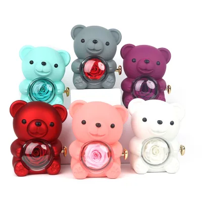 The Latest Spin Rose Bear Jewelry Box Custom Logo Hug Bear Eternal Flower Rose Ring Necklace Box for Wedding Valentine's Day