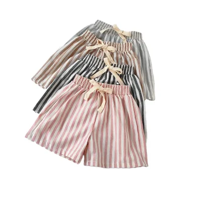 Korean Style Baby Linen-Cotton Striped Shorts Cute Unisex Toddler Casual Pants Loose & Breathable Summer Play Shorts