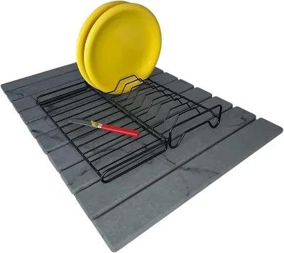 CF Stone Drying Mat Foldable Black Metal Dish Rack 2 Tier Kitchen Drying System Ultra Absorbent Dark Gray Mat for Plates