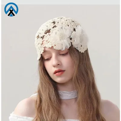 Women Thin Lace Flower Handmade Cotton Hollowed-out Crochet Beanie Summer Pattern Knit Cap Hat for Bridal Wedding