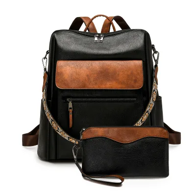 Cross-border Women's Polyurethane Backpack Versatile New-Style Minimalist Chic Contrast-Color Large-Capacity Winter 2025