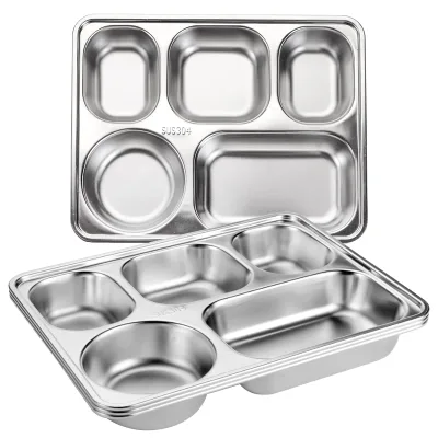 Stainless Steel Divided Trays Restaurant Rectangular Dinner Plates 5 Compartment Lunch Box with PP or Metal Lids