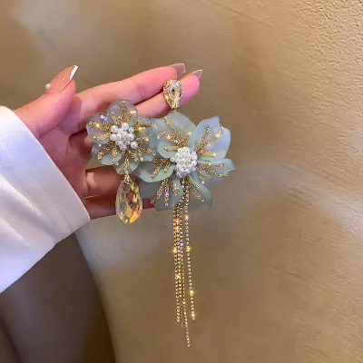 JC Crystal Sparkling Rhinestone Beaded Long Tassel with Exaggerate Crystal Drop for Beading Asymmetric Flower Shaped Earrings