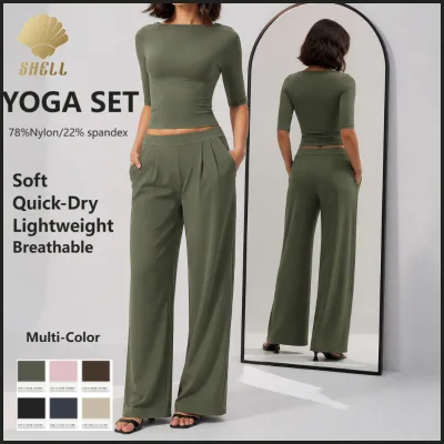 Tailored Front Pleat Wide Leg Pants and Fitted Elbow Sleeve Crop Shirt Four-Way Stretch Women Elegant Athleisure Tracksuit