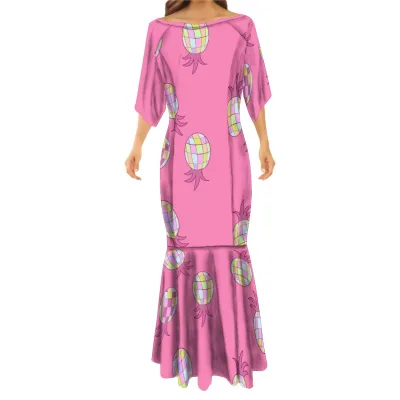 New Arrivals Pink Fruits Sublimation Print Fishtail Dress Customized on Demand Fashion Half Sleeve Mermaid Dresses for Party