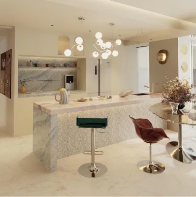 Natural Pink Grey Marble Kitchen Island With Mosaic Side Panel & Breakfast Bar for Villa Kitchen