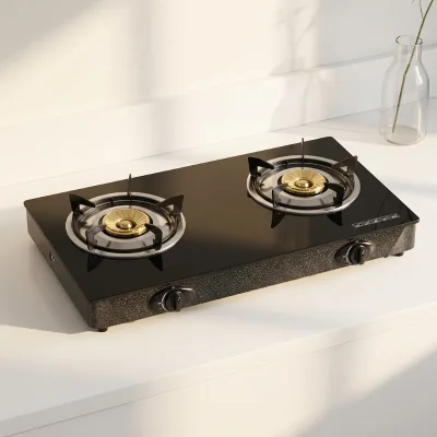 2 Burner Tempered Glass Gas Cooker Stove Enamel Pan Support Automatic Ignition Stainless Steel Gravy Tray for Household Kitchen