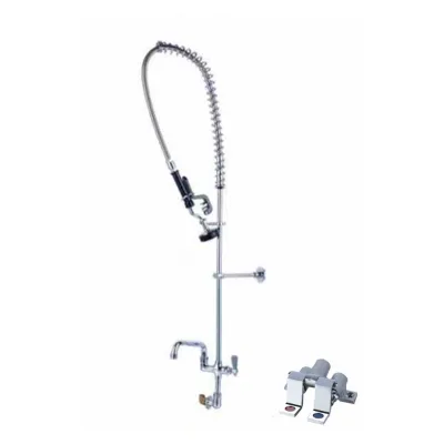 Wall-Mounted Brass Pre-Rinse Faucet with Foot Control - High-Arch Spring Hose Spray, Commercial Kitchen Use