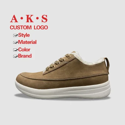 AKS Factory Wholesale British Style Thick Sole Women Casual Winter Loafers Shoes Leather Fleece Warm Walking Shoes Women