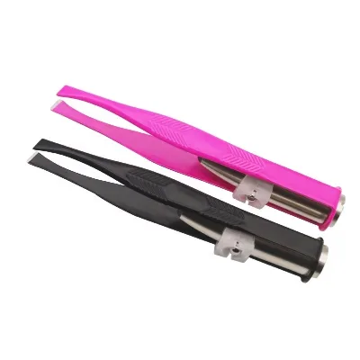 Supplier Mini Pink Black Stainless Steel Slanted Tip Cosmetic Tool Spotlight LED Light Eyelash Eyebrow Hair Removal Tweezers