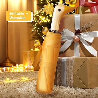 Compact 8-Ribs Folding Umbrella with Wooden Handle Cute Duck Head Design for Girls Classic Style Rain or Sun Protection Gift