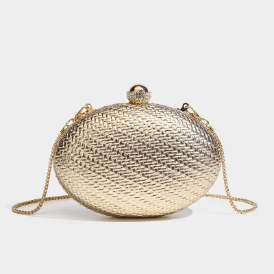 PU Evening Clutch Bag Oval Shape Rhinestone Closure Hard Shell Crossbody Bag Detachable Chain Egg-Shaped Diamond Braided Handbag