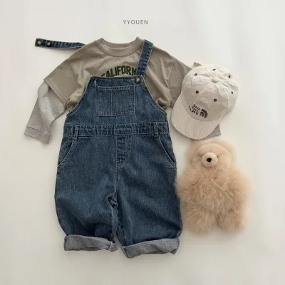 2024 Spring/Summer Kids Denim Korean Overalls Boys Casual Back Strap Denim Girls Simple Romper
