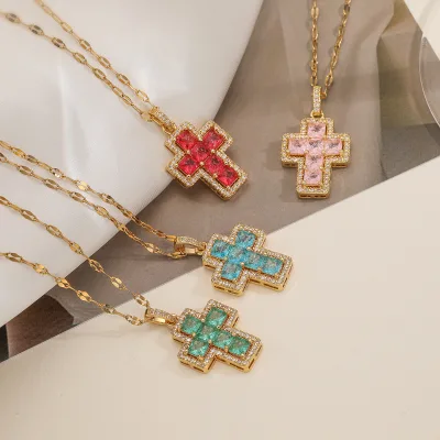 Trendy Unisex Copper Cross Pendant Necklace with Zircon Fashionable Hip Hop Style for Men and Women