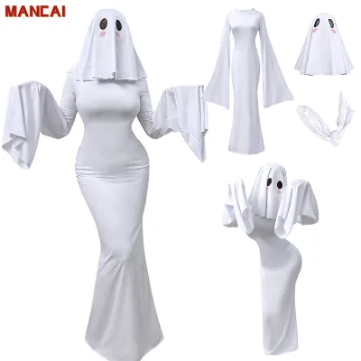 Anime Women Cosplay Costume Cute Ghost Bride White Sexy Backless Bodycon Dress Mask Halloween Party Tight Fishtail Long Dress