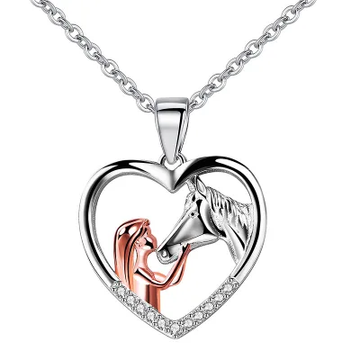 Hainon Fashion S925 Silver Heart-shaped Necklace Girl and Horse Two Color Pendant Female Rose Gold Silver Jewelry