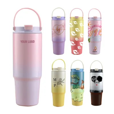 Custom Print Eco-Friendly Stainless Steel Outdoor Portable 30oz for Gradient Travel Gym Coffee Tumbler Cup Straw Handle