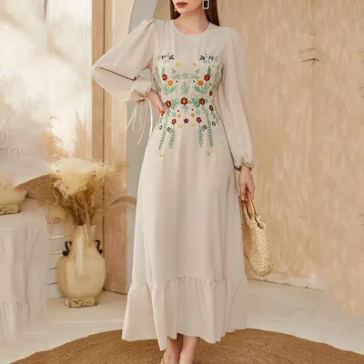 Custom Embroidered Floral Design Linen Elegant Vintage Maxi Ladies Muslim Women Dress
