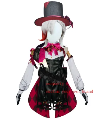 Ecoparty  Lyney Cosplay  Costume Wig Fontaine Lyney Leather Uniform Hat Dress Short Hair Skirt Glove Outfit Tail