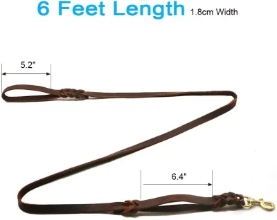 Luxury Genuine Leather Double Handle Dog Leash, Braided Training Lead with Traffic Handle, Easy Control and Heavy Duty