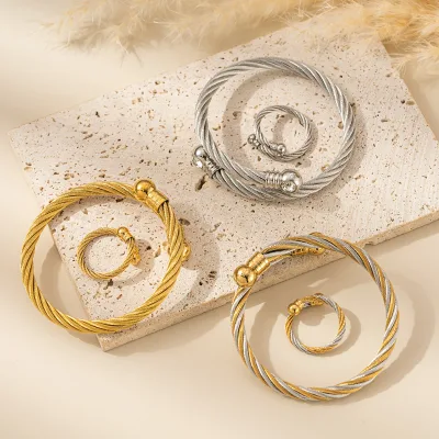 HWASAN Women Stainless Steel Cable Jewelry Set, Simple Personalized Adjustable Open Unique Couple Daily Accessories